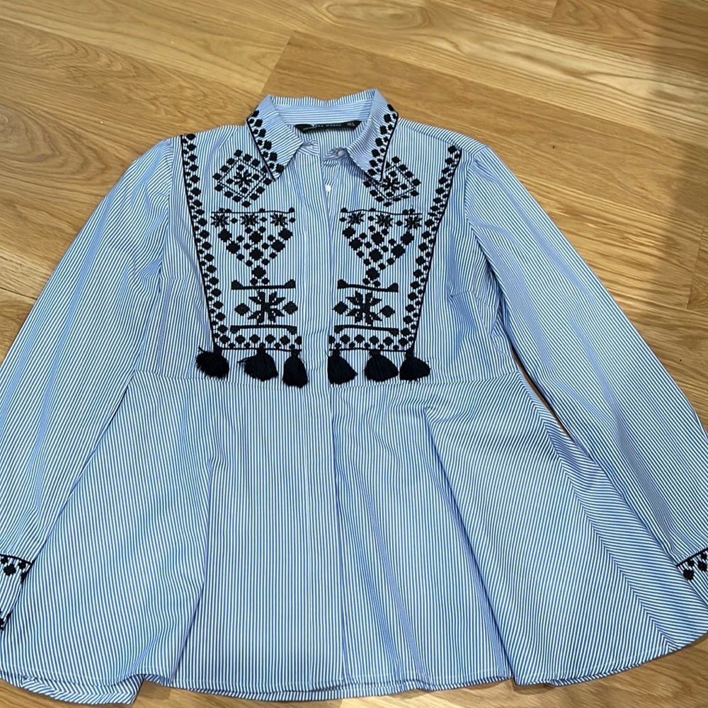 Zara peplum button down blouse with embroidery on sleeves and front of shirt